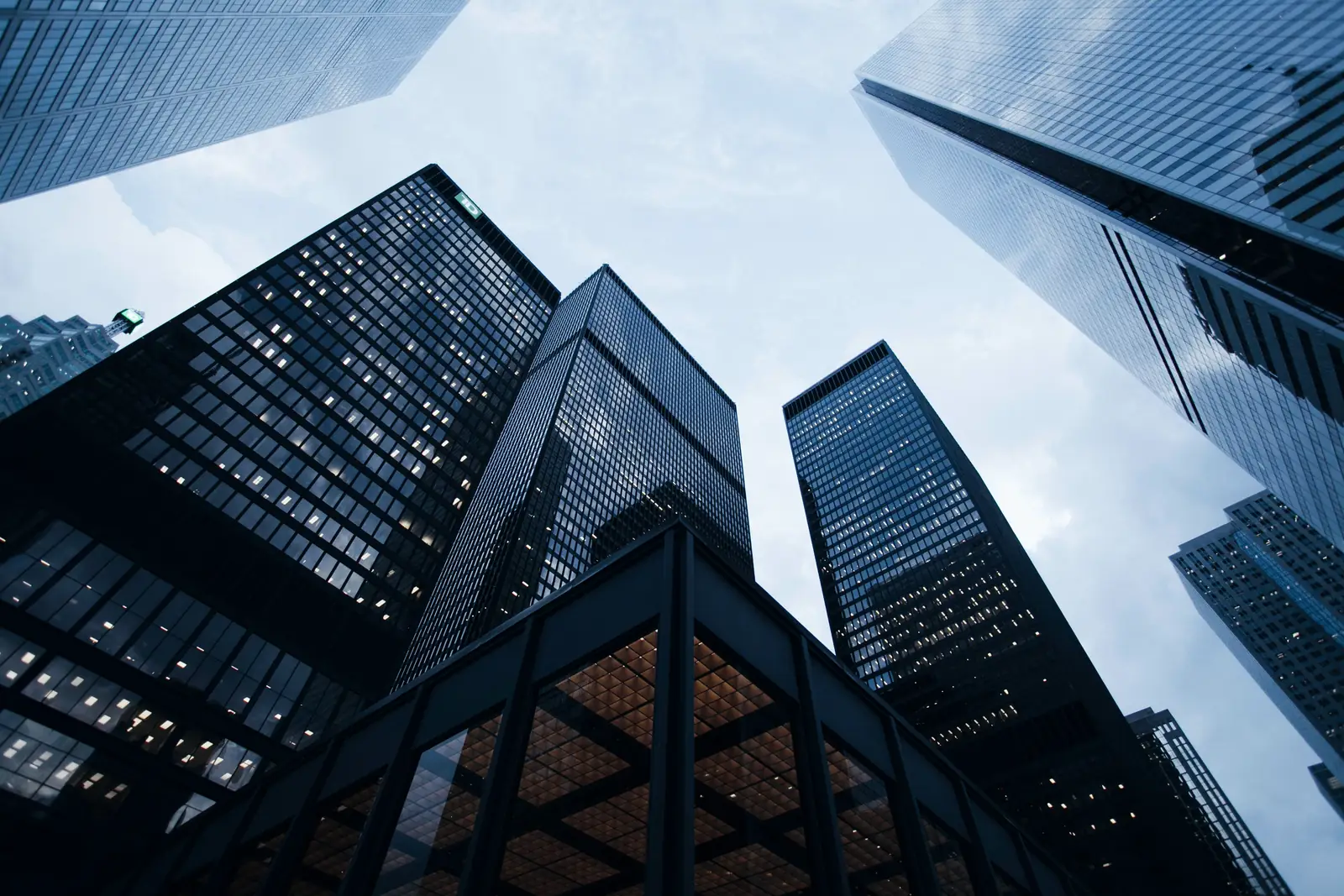 Corporate towers seen from street level